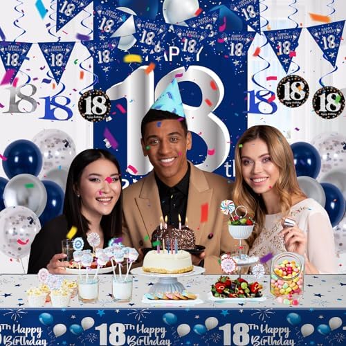 18th Birthday Decorations for Boys, Blue Silver 18 Year Old Party Decor
