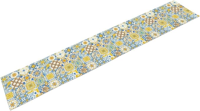 Mexican Table Runner, Blue Rustic Mexico Talavera Ceramic Dia De Los Muertos Coffee Table Center Decor for Family Home Kitchen and Dining Farmhouse Indoor Outdoor Table Decorations, 13" X 90"