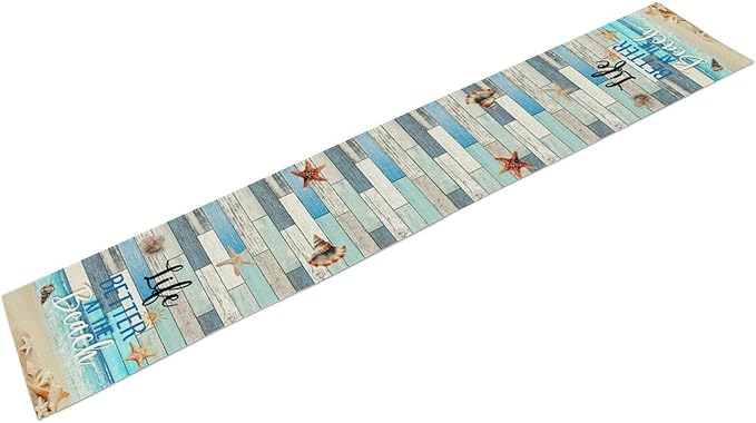 Summer Beach Table Runner, Nautical Starfish Seashell Ocean Retro Wooden Plank Coffee Table Center Decor for Home Kitchen Dining Patio Holiday Party Table Decorations 13"x90"