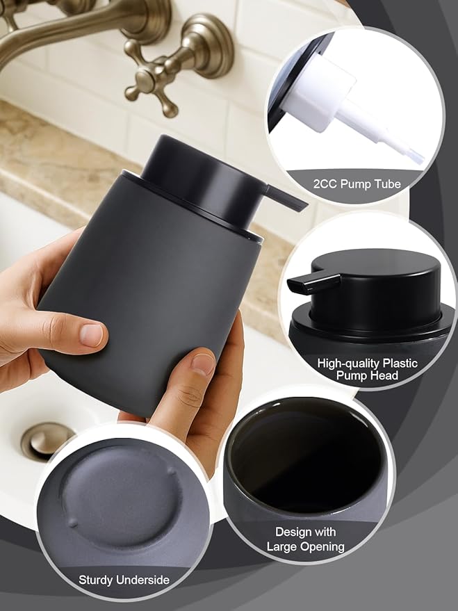INGOFIN Ceramic Foaming Soap Dispenser - 12oz Foam Hand Soap Dispenser Bathroom, Ceramic Dish Soap Modern Dispenser with Pump for Kitchen, Matte Grey