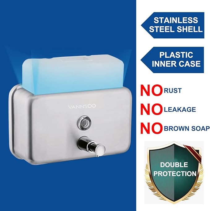 Commercial Wall Mount Stainless Steel Soap Dispenser, Rust-Proof Lining Liquid Hand Sanitizer Dispenser Bathroom 1100 ml / 37 oz. (Horizontal)