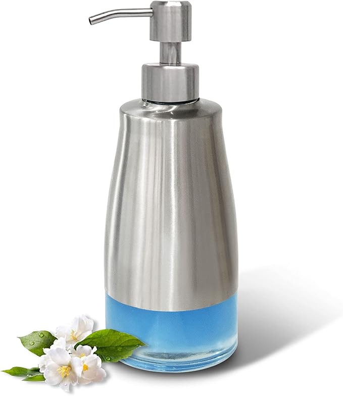 AUMIO Dish Soap Dispenser with Stickers, Kitchen Soap Dispensers Brushed Nickel Stainless Steel and Glass Combined, Refillable Liquid Hand Soap Dispenser for Bathroom & Kitchen (11OZ / 320ML)