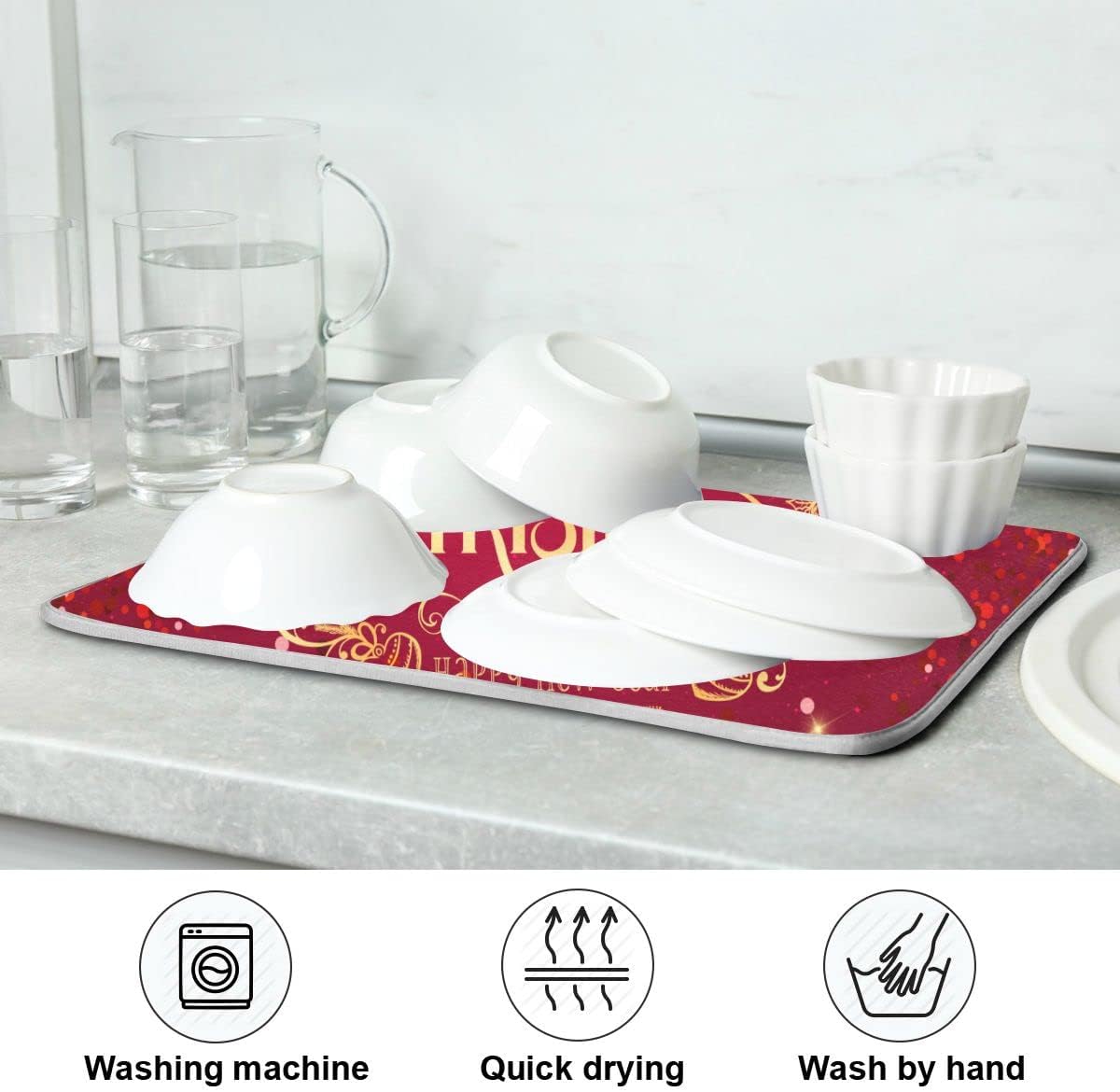Merry Christmas Drying Mat for Kitchen Counter 16x18 Inch Christmas Dish Mat with Absorbent Reversible Microfiber Christmas Dish Drying Mat Dish