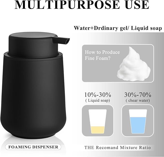 Plastic Soap Dispenser Foaming 11 oz Refillable Foam Bottle for Bathroom & Kitchen Countertops Matte Black