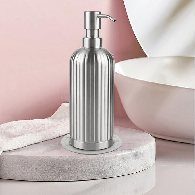 AUMIO Soap Dispenser 18 Oz with Non-Slip Coaster, Stripe Design Dish Soap Dispenser Brushed Nickel, Refillable Liquid Hand Soap Dispenser for Bathroom, Kitchen Soap Dispenser Premium Stainless Steel