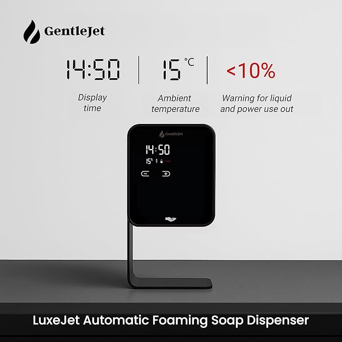 GentleJet LuxeJet Automatic Foaming Soap Dispenser – Touchless Sensor, LED Display, 5 Foam Levels, Wall Mount or Countertop, Rechargable USB-C or Battery Powered, Aluminum Alloy, 480 ml Refillable