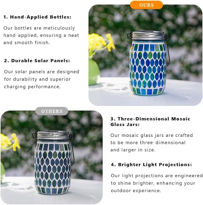 Starsoul Solar Lanterns Outdoor Waterproof, Decorative Teal Mosaic Glass Outdoor Lantern, Hanging Solar Garden Lights for Outside Pathway Patio Porch Yard Table, Gifts for Women Mom Grandma
