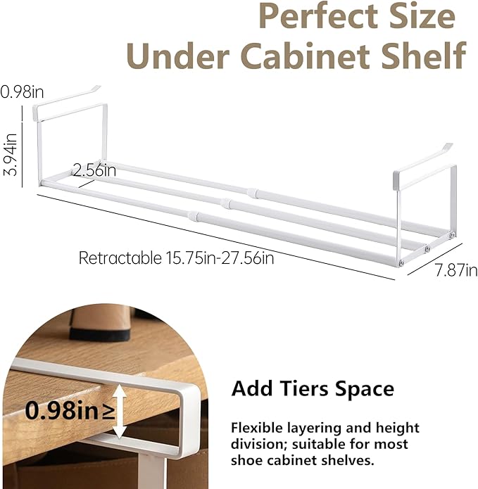 Expandable Hanging Shoe Rack Organizer for Closet, Adjustable Shoe Rack Under Cabinet Shelf, Versatile Under Shelf Storage for Kitchen, Book, Clothing Storage and Organization(White,2PCS)