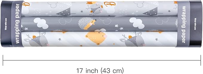 WRAPAHOLIC Reversible Baby Shower Wrapping Paper Roll - Mini Roll - 3 Rolls - 17 Inch x 120 Inch Per Roll - Cute Hedgehog, Animals & Baby Lettering Design for Neutral Baby Shower