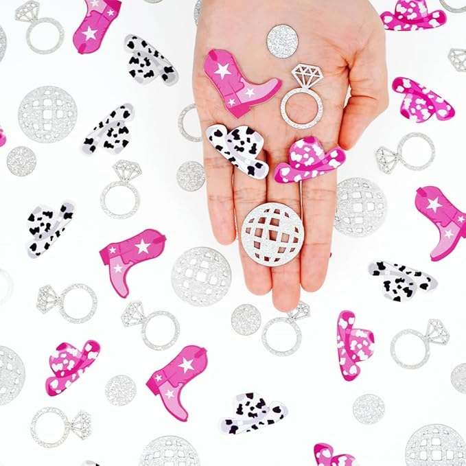 Cowgirl Disco Bachelorette Confetti, Disco Cowgirl Bachelorette Party Decorations, Glitter Disco Ball Ring and Pink Cowgirl Boot Hat Confetti for Bachelorette Bridal Shower Table Decor（100pcs）