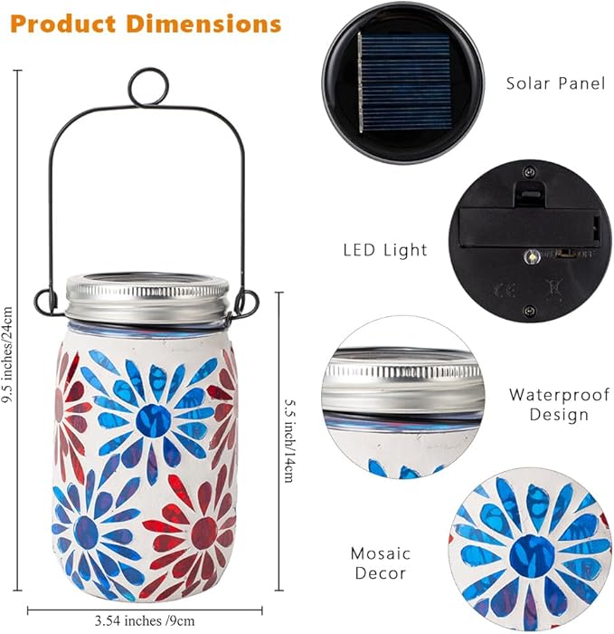 Starsoul 2 Pack Solar Lanterns Outdoor Waterproof, Mosaic Flowers Glass Solar Hanging Outdoor Lights, Decorative Solar Lantern for Outside Pathway Patio Porch Yard Decor