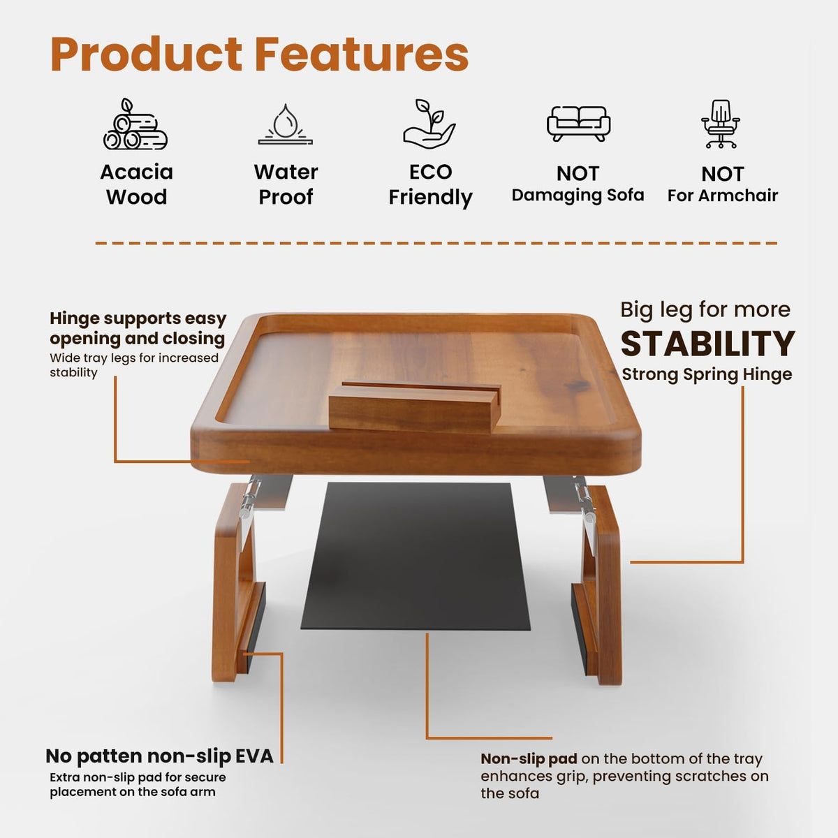 Tinamo 15.7" x 11" Large Couch Arm Table with 360 Rotating Phone Holder - Sofa Arm Clip Table for Living Room - Sofa Armrest Tray Wide Couches