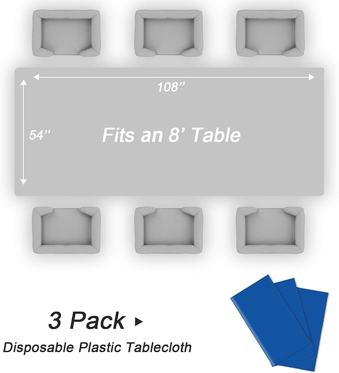 QIKSION Blue Plastic Table Cloth Disposable 3 Pack, 54 x 108 Inch Tablecloths for Patriotic Decorations, Birthday Party, Rectangle Table Cover