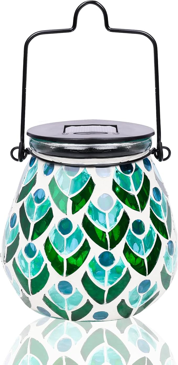 Afirst Mosaic Solar Lanterns Outdoor - Glass Hanging Solar Lights Hollow Out Waterproof Table Lamp Outdoor Decorative for Garden, Patio, Holiday Party Outdoor Decoration