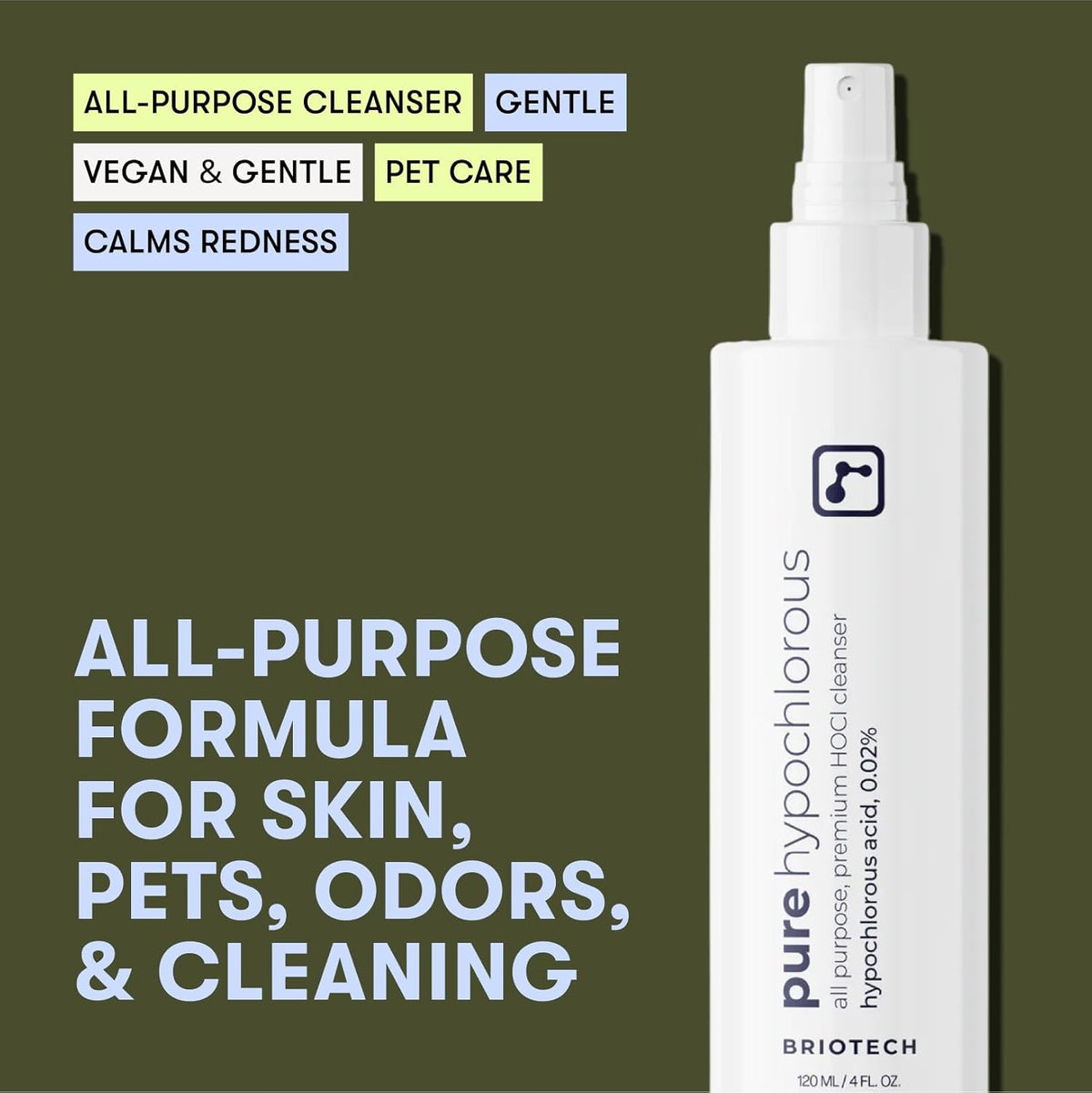 BRIOTECH Pure Hypochlorous Acid Spray and Cleanser, Original Premium HOCl Topical Solution, Multi-Purpose Cleaner, Family Approved & Pet Friendly, 4 fl oz (2 Pack)