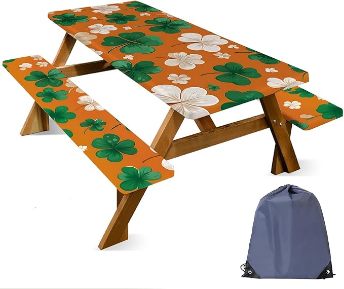 ANNA QUEEN 6FT Four Leaf Clover Orange St. Patrick's Picnic Table Cover with Bench Covers Picnic Table Cover Set 3PCS 72"x30", Outdoor Bench and Tablecloth Furniture Protection
