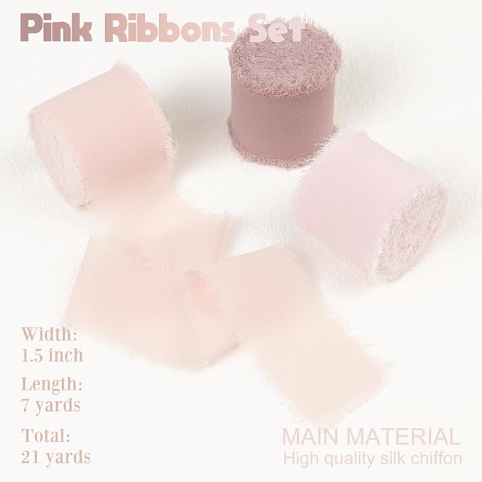 Pink Chiffon Ribbon 1.5 Inch x 21Yds Handmade Fringe Chiffon Silk Ribbon Dusty Rose/Blush/Pink Frayed Chiffon Ribbon for Wedding Invitation Flower Bouquets Gift Wrapping Bridal Shower Baby Shower