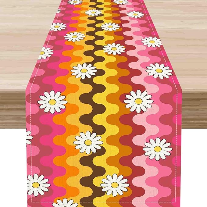 70s Table Runner, Retro Groovy Hippie Daisy Floral Pink Yellow Wave Funky Trippy Coffee Table Center Decor for Home Kitchen Dining Patio Holiday Party Indoor Outdoor Table Decorations, 13"x72" Inch