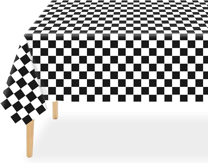 QIKSION Checkered Tablecloth Disposable 12 Pack, 54 x 108 Inch Black and White Checkered Flag Table Cloth for Race Car Decorations, Birthday Party Supplies, Rectangle, Plastic Table Cover