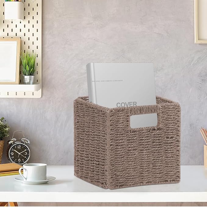 6 Pack 8.7 Inch Wicker Baskets, Hand Woven Paper Rope Storage Baskets, Foldable Cube Storage Bins Organizer Square Wicker Cubes for Shelves Pantry Organizing & Decor (Brown)