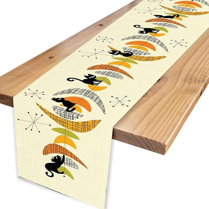 Mid Century Table Runner, Retro 1950s Black Cat Atomic Modern Abstract Coffee Table Center Decor for Home Kitchen Dining Patio Holiday Party Indoor Outdoor Table Decorations, 13"x108" Inch