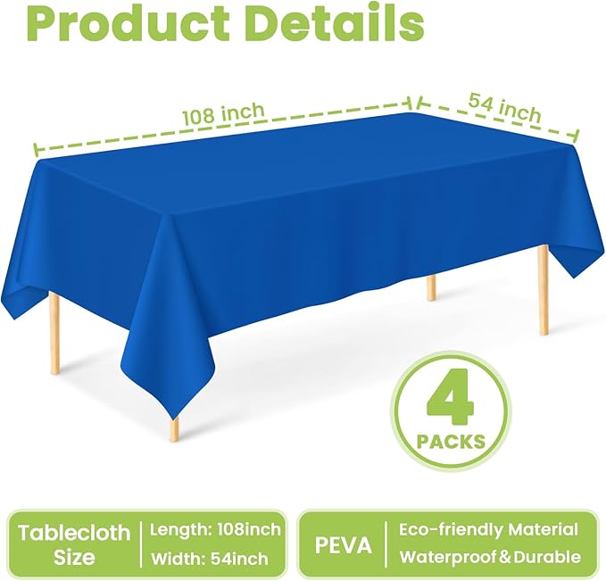 Mulbozy Blue Plastic Table Cloth Disposable 4 Pack, 54 × 108 Inch Tablecloths Rectangle, Royal Blue Plastic Table Cover for Party Decor