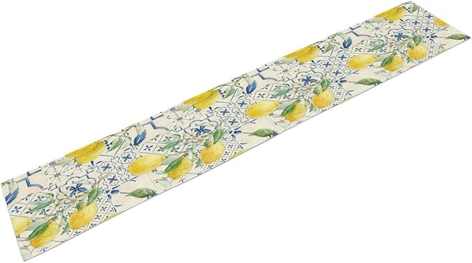 Vintage Lemon Table Runner, Watercolor Yellow Lemons Blue Tiles Spring Summer Seasonal Kitchen Dining Table Decoration for Indoor Outdoor Party, 13x70inch