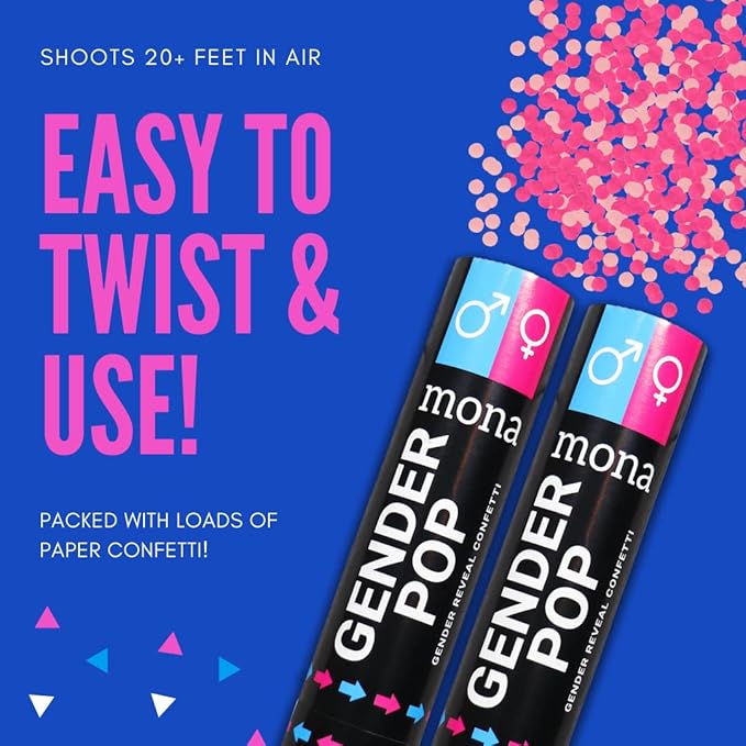 Mona Gender Reveal Confetti Cannon - 6-Pack (3 Blue, 3 Pink) - Gender Reveal Confetti, Baby Gender Reveal Party Supplies Kit, Great Gender Reveal Ideas