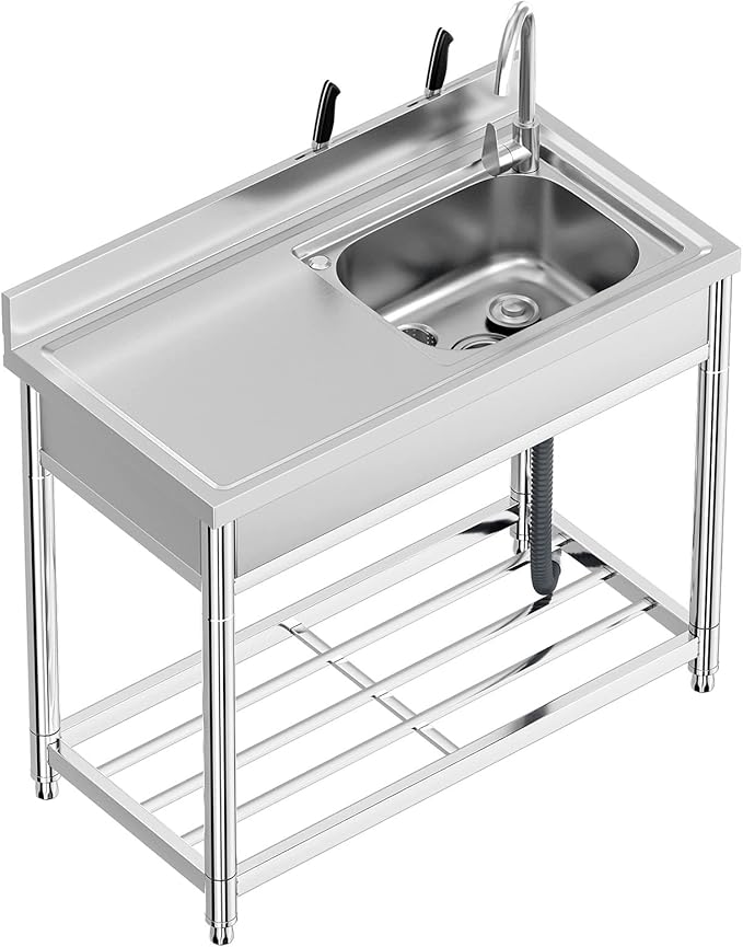 Free Standing Stainless-Steel Single Bowl Commercial Restaurant Kitchen Sink Set w/Faucet & Drainboard, Prep & Utility Washing Hand Basin w/Workbench & Storage Shelves Indoor Outdoor (39 in)