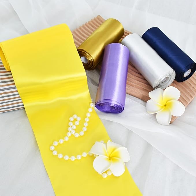 TONIFUL 6 inch x 22yd Wide Lemon Light Yellow Satin Ribbon Solid Fabric Ribbon for Cutting Sewing Ceremony Party Decoration Chair Sash Table Runner Car Bows Indoor Outdoor Yard Decor