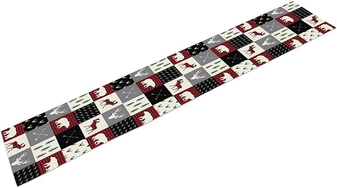 Farmhouse Bear Deer Table Runner, Retro Rustic Village Buffalo Plaid Table Runner for Coffee Table Dining Room Table Bedroom Party Holiday 13x36in