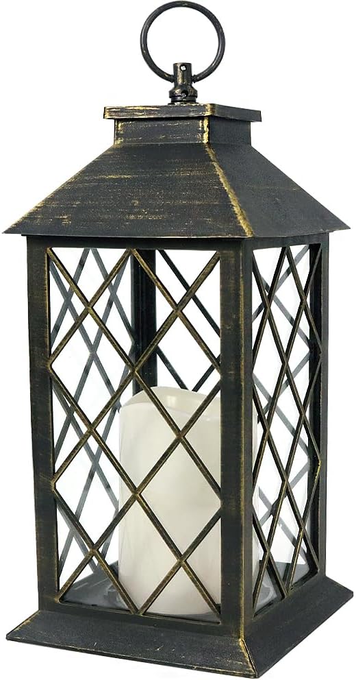 13.5" Outdoor Candle Lantern Decorative with LED Pillar Candle Battery Powered (Distressed Gold, 6hr Timer) - IP44 Waterproof Decorative Tabletop Lanterns Hanging Lanterns Indoor Outdoor