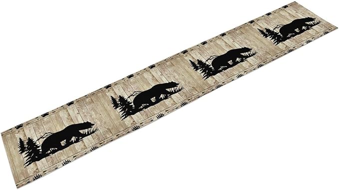 Bear Table Runner, Wild Animals Rustic Cabin Forest Bear Print Wooden Board Table Runner for Dining Kitchen Home 13x60in