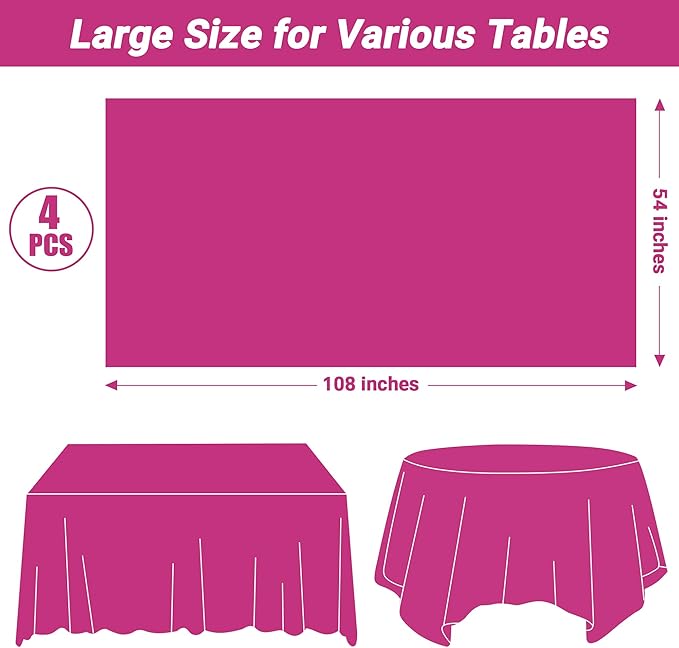 QZYL 4 PCS Rose Red Plastic Tablecloths for Rectangle Tables, 54 x 108 Inches Stain Resistant Table Cover of Baby Shower Decorations, Disposable Tablecloth for Parties, Weddings, Birthday Tablecloth