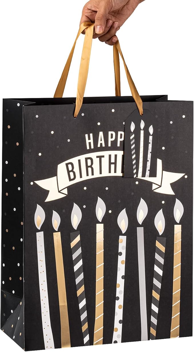 Loveinside Black and Gold Birthday Gift Bag with Tissue Paper, Gift Card for Birthday, Baby Shower, Party, and More - 12" x 16" x 5.7", 1 Pcs