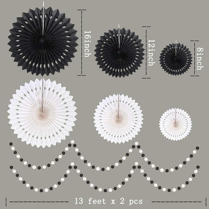 Cheerland Black White Party Decorations Hanging Paper Fans Garland Kit Gothic Decor Wedding Decoration Halloween Birthday Backdrop Baby Shower Goth Casino Emo Spooky Haunted House Party Supplies