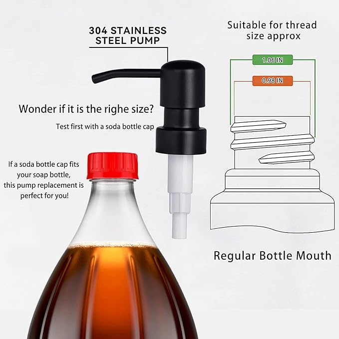 Easy Tang Durable 304 Rust Proof Stainless Steel Pump Head, Kitchen Soap Dispenser Pump Replacement for Regular Mouth Bottle (Black,2 Pack)