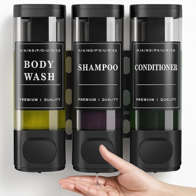 CeeVian Shampoo Dispenser Shower Dispenser 3 Chamrber No Drill Wall Mounted for Shower Shampoo and Conditioner Dispenser for Bathroom, Toilet, Hotel & Kitchen,3 * 300ML (Black)