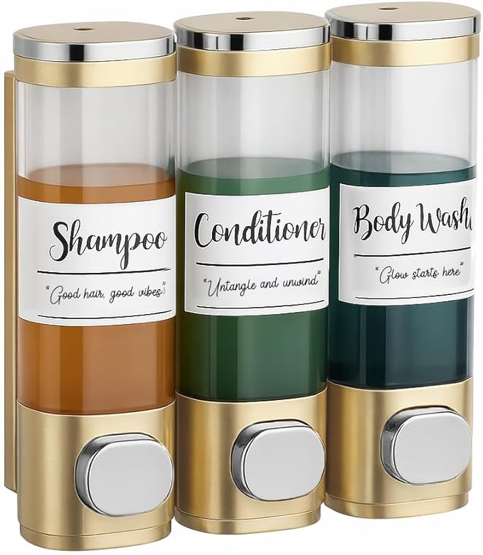 Soap Dispenser - 3 Chamber - 3x300ml - No Drill Wall Mount Bottles Organizer Toiletries for Cream Lotion Liquid Soaps Shampoo Conditioner Storage - Modern Essentials Bathroom Set (Gold 1)
