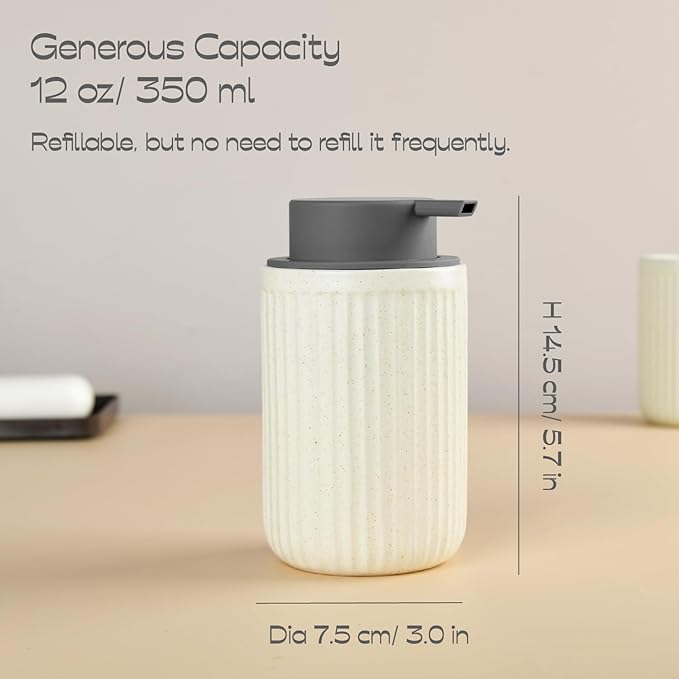Beige Ceramic Foaming Soap Dispenser, Speckled Rippled 12 oz Bottle with Gray Silicone Pump, Foam Dispenser for Kitchen or Bathroom, Speckled Beige