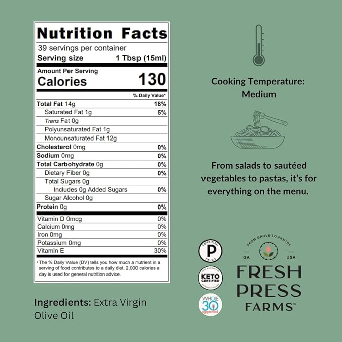 Fresh Press Farms Cold Pressed Classic Extra Virgin Olive Oil, 16.4 Fl Oz (Pack of 2), Georgia Grown, 100% American Made, Unrefined