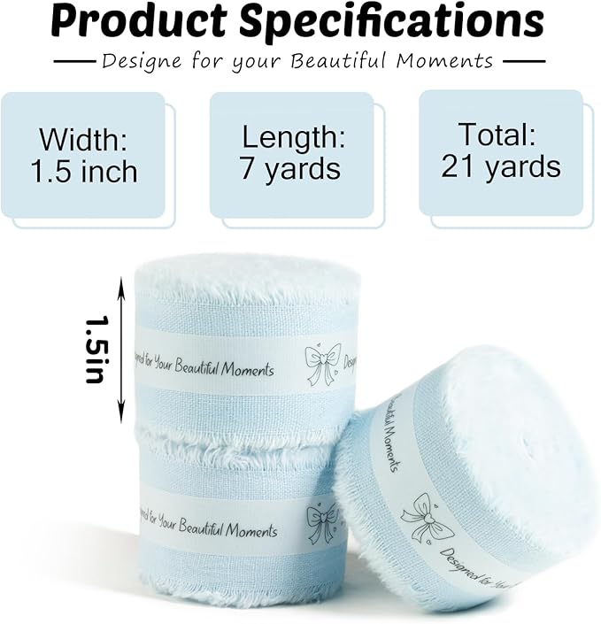 Baby Blue Cotton Ribbon 1-1/2 Inch Baby Blue 3 Rolls 21 Yards Frayed Edge Fabric Set for Baby Shower, Wedding Invitations, Nursery Decor, Christening & First Birthday Party