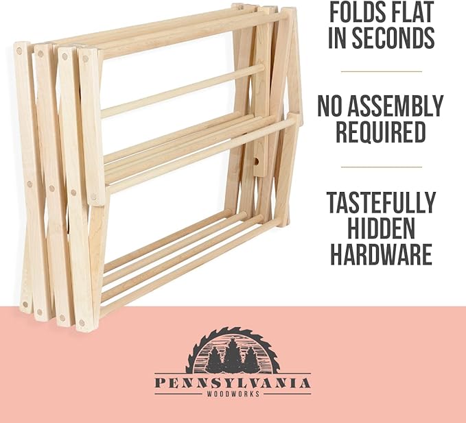 Pennsylvania Woodworks Clothes Drying Rack: Solid Maple Hard Wood Laundry Rack for Blankets, Towels, Bedding & More, Heavy Duty Folding Drying Rack, Made in USA, No Assembly Needed, XXLarge