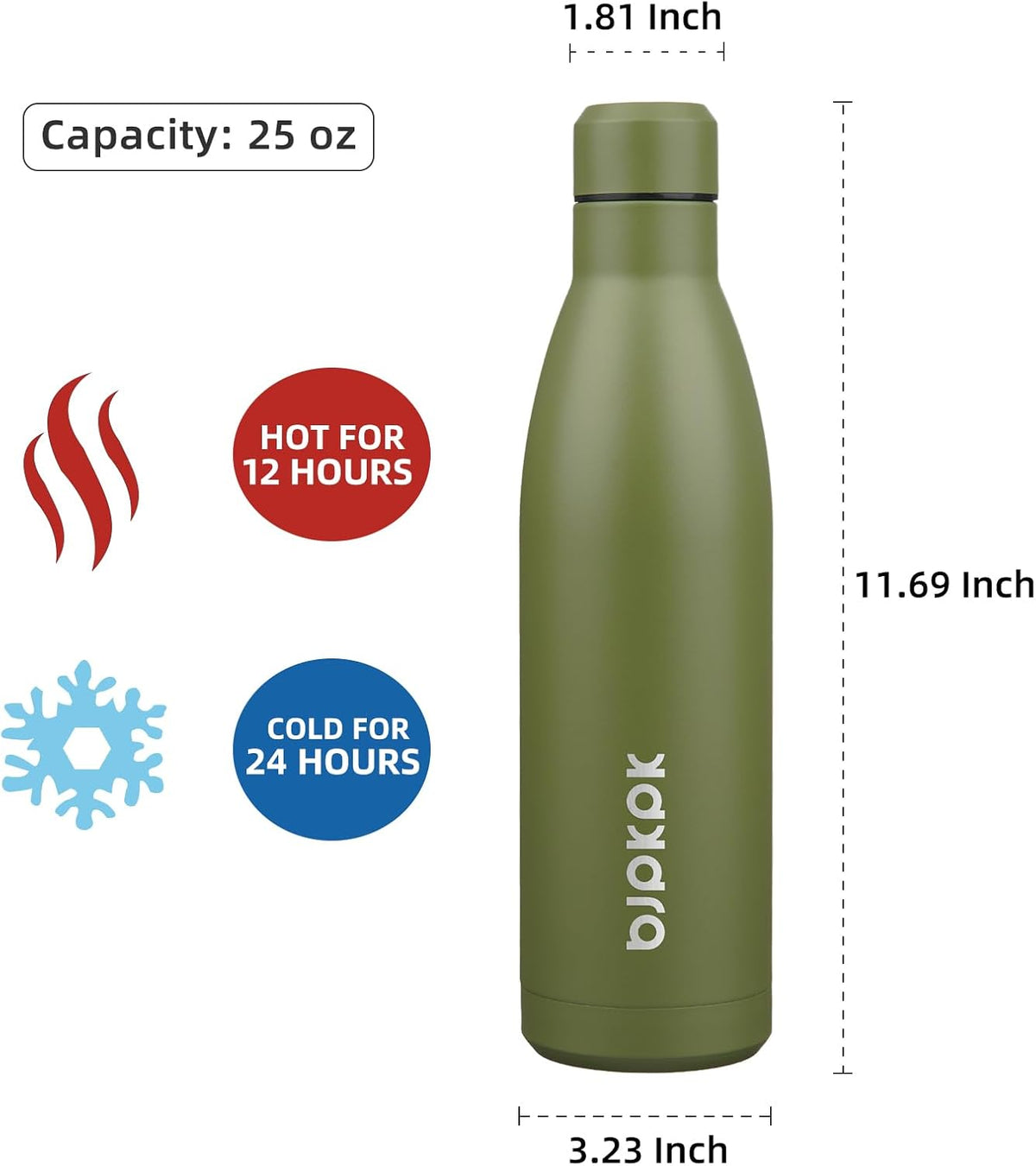 Bjpkpk 25oz Insulated Water Bottle Double Wall Vacuum Insulated Stainless Steel Water Bottles for Spots Keep Cold and Hot,Olive Green