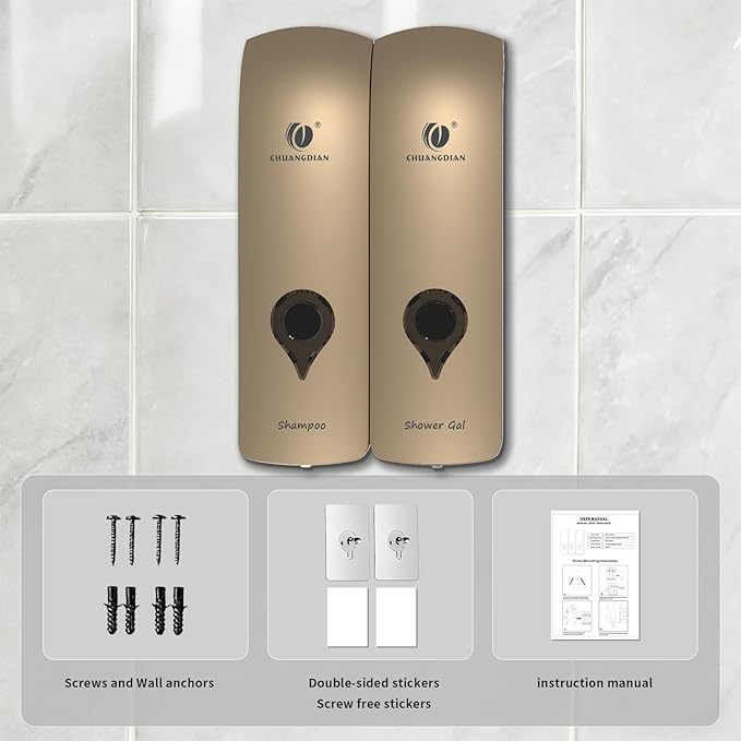 Shampoo and Conditioner Dispenser, Bathroom soap Dispenser Set of 2 Gold, Wall-Mounted Shower Soap Dispenser 300ml, Refillable Bathroom soap Dispenser for Bathroom,Kitchen,Hotel and Airbnb