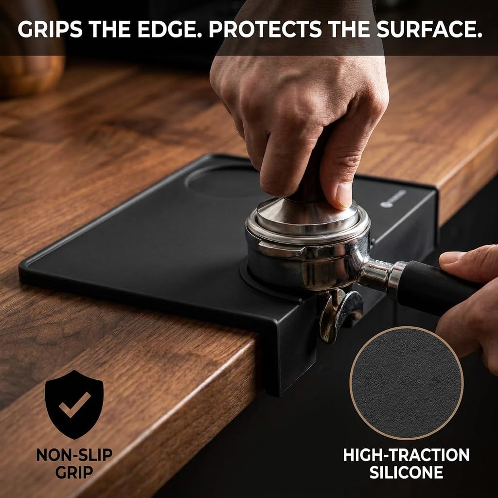 Espresso Tamping Mat, Non-Slip Silicone Tamper Mat for Espresso Machine &amp; Countertop, Barista Tamping Station Pad with Portafilter Notch &amp; 90° Counter Edge, fits 51-58.5mm