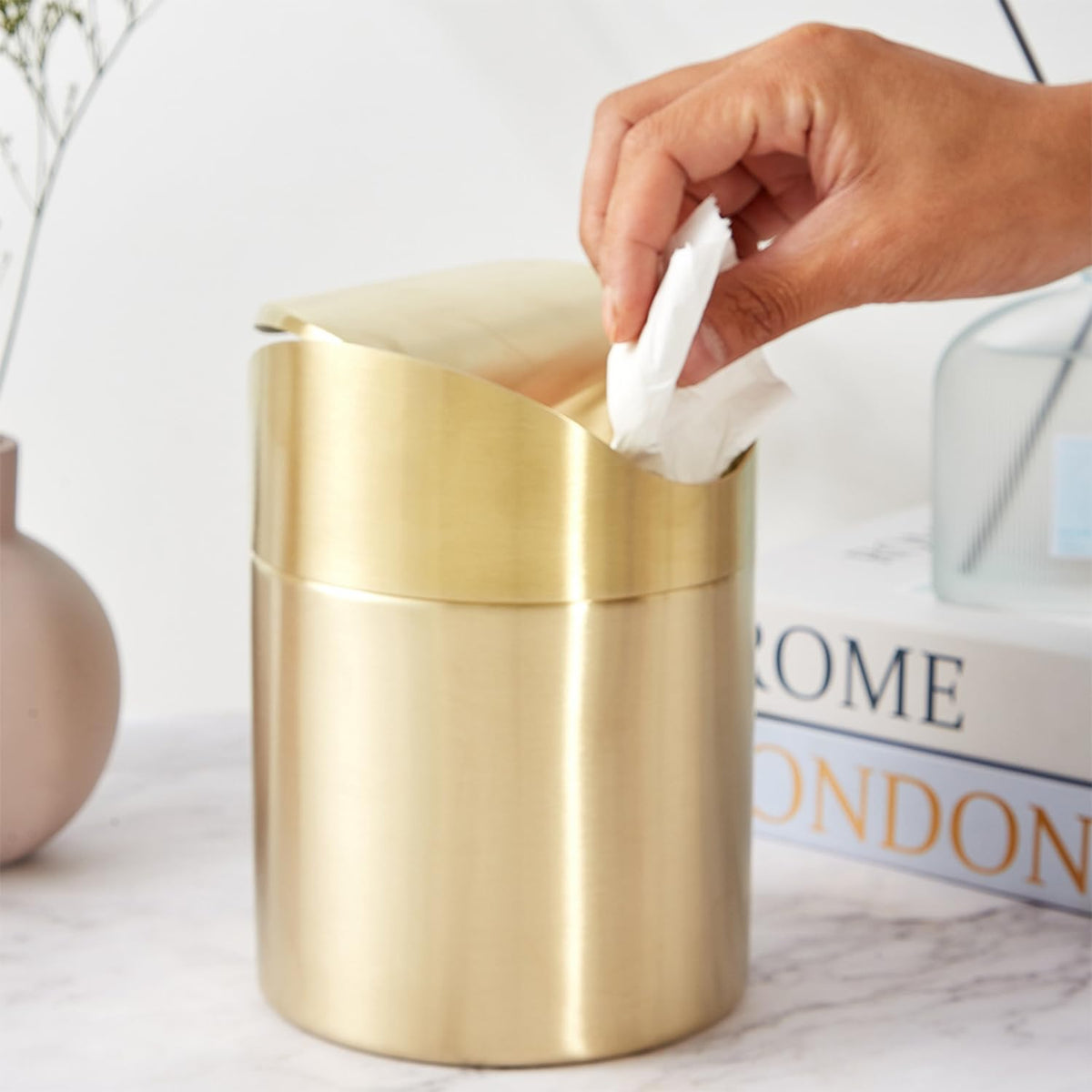 Stainless Steel Trash Can with Swing Lid, Mini Countertop Trash Bin Bathroom, Golden Desktop Garbage Cans Tiny Kitchen Waste Bins with Trash Bag