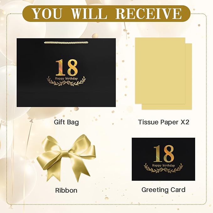 JMANNI Black Gold 18th Birthday Gift Bag with Card and Tissue Paper, 14.2"×9.84"×4.3" Large Present Bag for Adults, 18 Year Old Birthday Keepsake Party Supplies