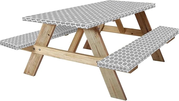 8ft Picnic Table and Bench Cover, Camping Essentials RV Gear, 96 in Waterproof Windproof Outdoor Elastic All Around Tablecloth, Fitted Rectangle Tables and Seats, Gray-White Moroccan
