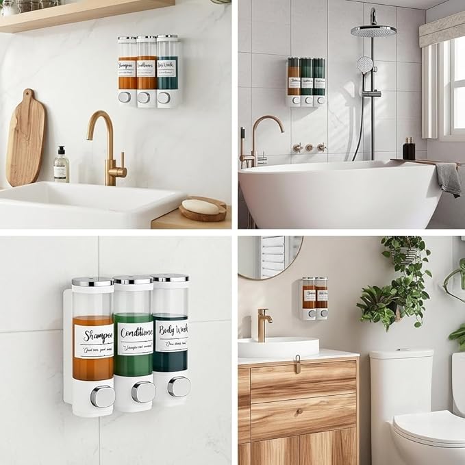 Soap Dispenser - 3 Chamber - 3x300ml - No Drill Wall Mount Bottles Organizer Toiletries for Cream Lotion Liquid Soaps Shampoo Conditioner Storage - Modern Essentials Bathroom Set - White 1